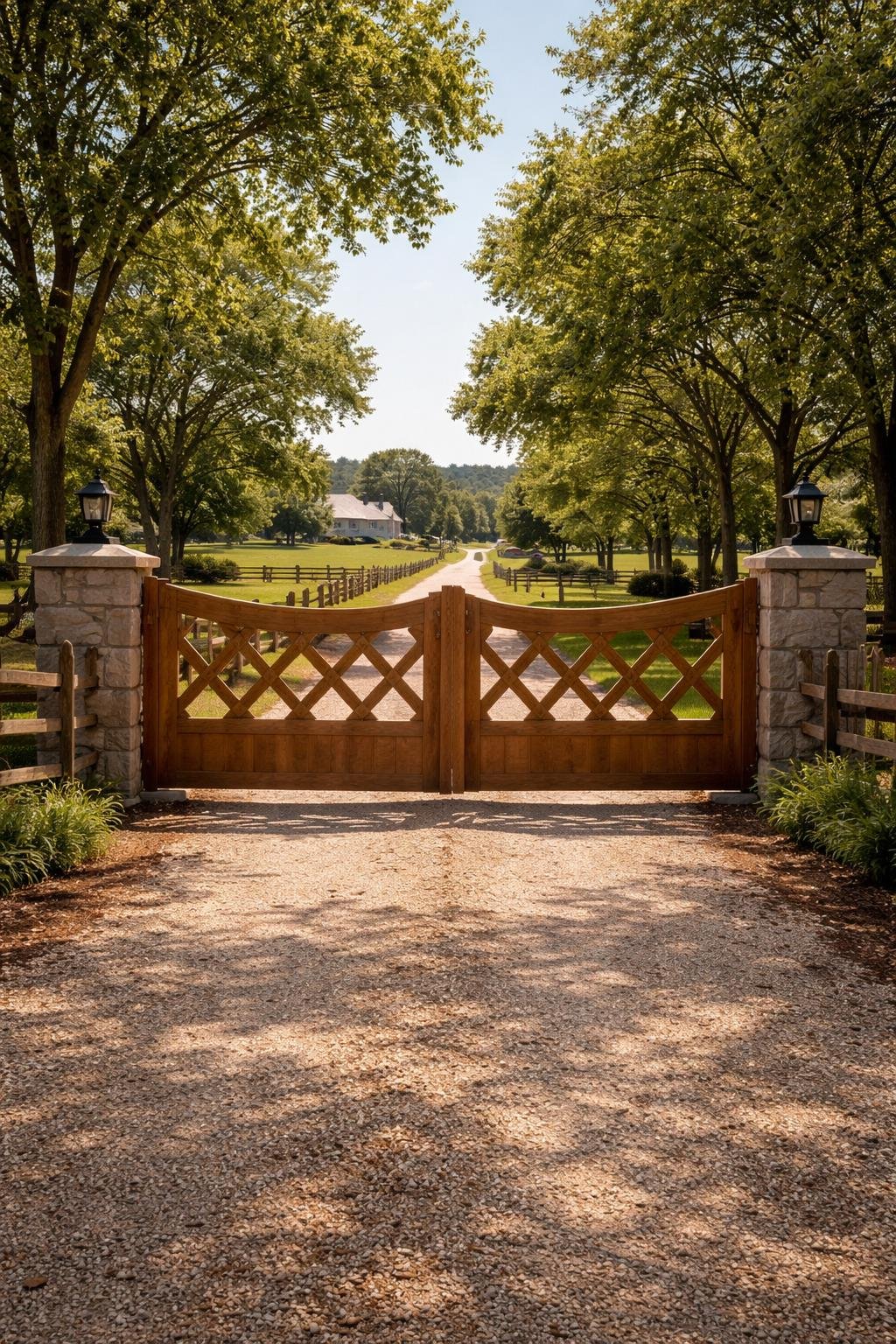 A wooden farmhouse driveway gate with diamond-shaped cutouts surrounded by greenery and a gravel driveway.