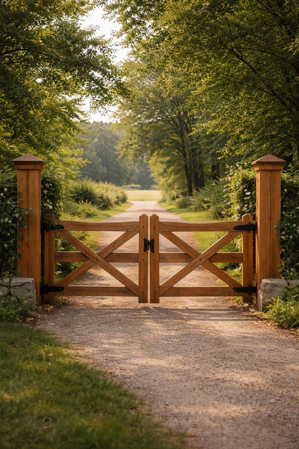 A farmhouse driveway entrance with a wooden gate framed by tall cedar posts and surrounded by green plants.