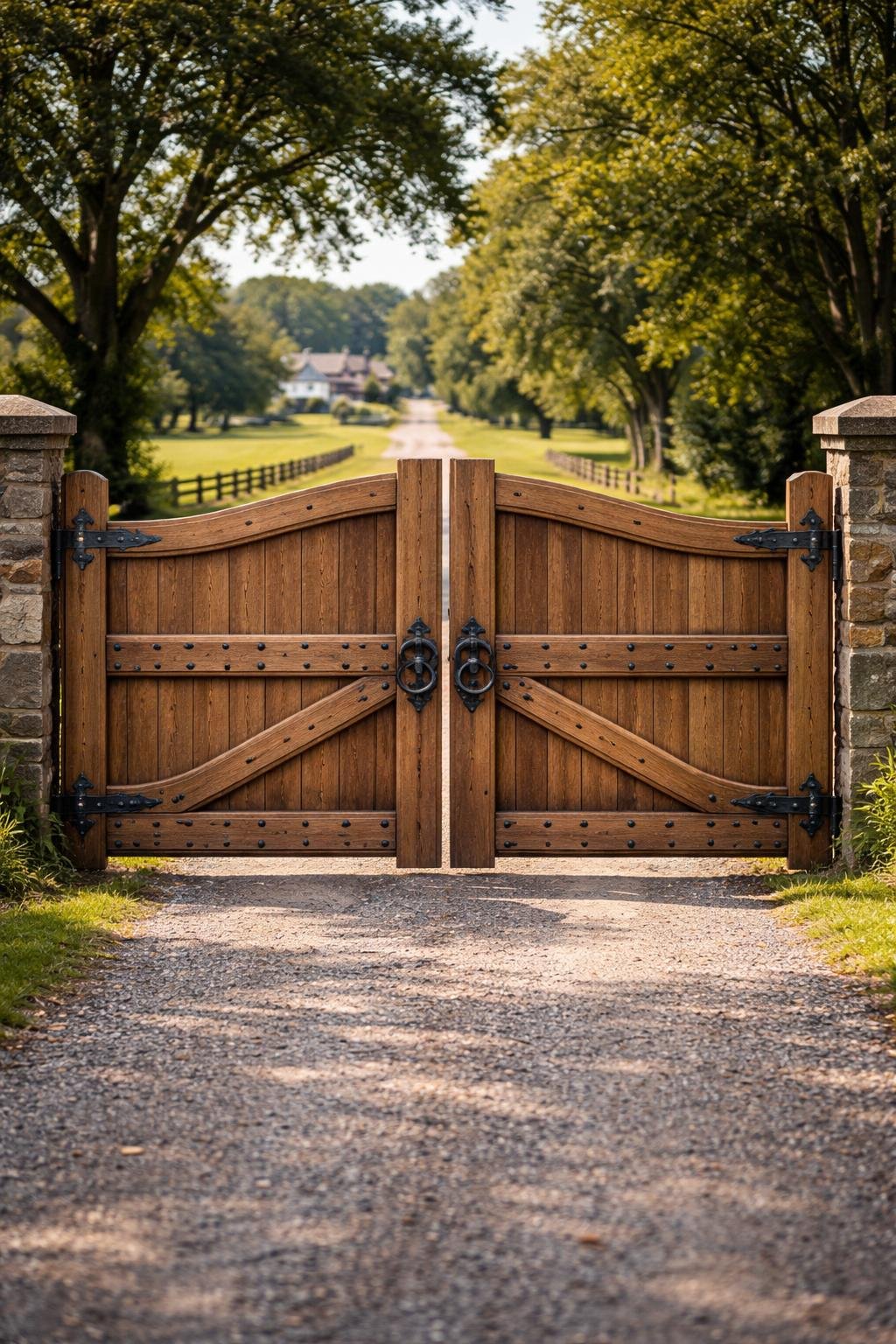 A double wooden farmhouse driveway gate with antique iron bolts set in a rural landscape with grass, trees, and a farmhouse in the background.
