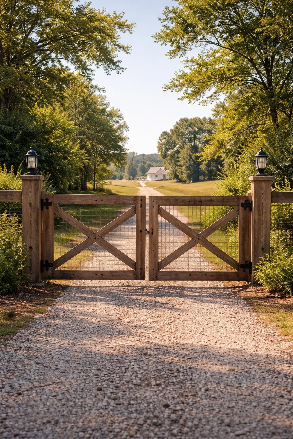 A wooden farmhouse driveway gate with chicken wire panels surrounded by trees and greenery under a clear sky.