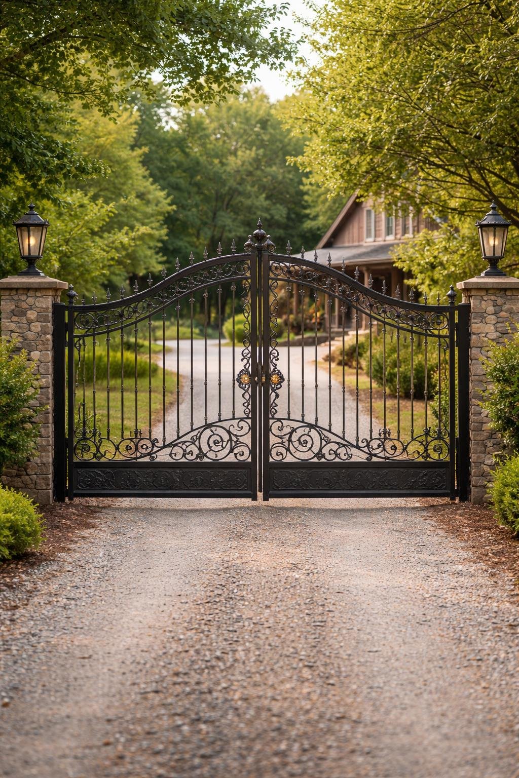 A curved top iron gate with ornate scroll designs at the entrance of a farmhouse driveway surrounded by trees and greenery.