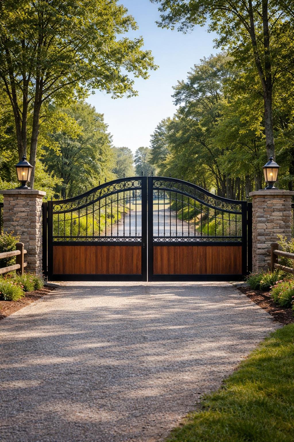 A farmhouse driveway entrance with a large gate made of wrought iron and wood, surrounded by trees and greenery.