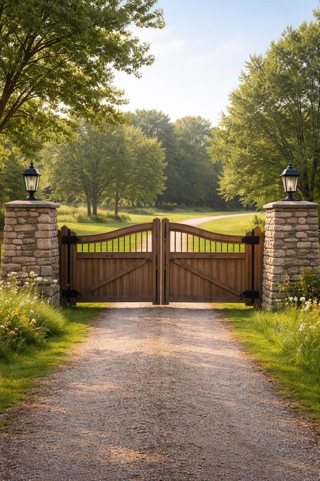 A farmhouse driveway gate with stone wedge pillars surrounded by greenery and trees.