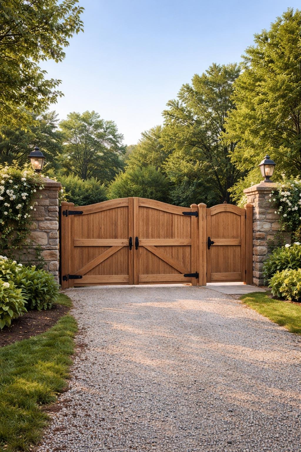 A farmhouse driveway entrance with a large wooden gate and a smaller side pedestrian door, surrounded by stone pillars and greenery.