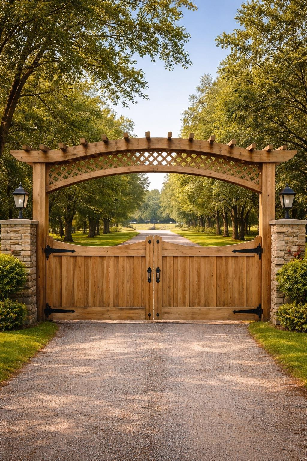 A wooden farmhouse driveway gate topped with a wooden trellis surrounded by green grass and trees under a clear sky.