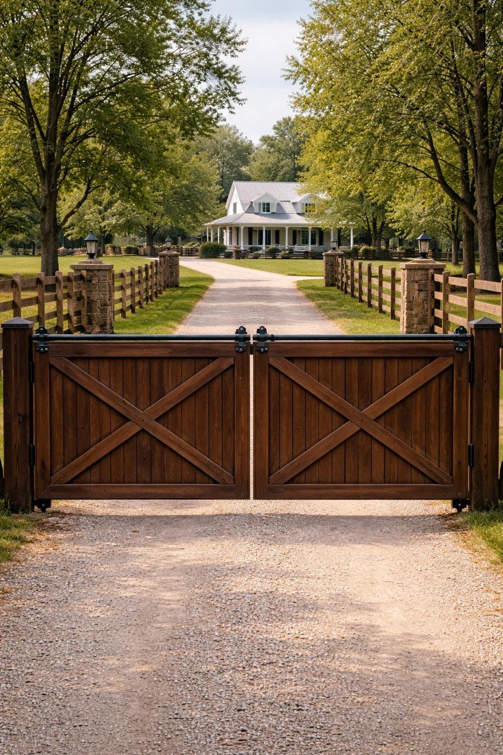 A dark stained sliding barn gate at the entrance of a farmhouse driveway surrounded by grass and trees.
