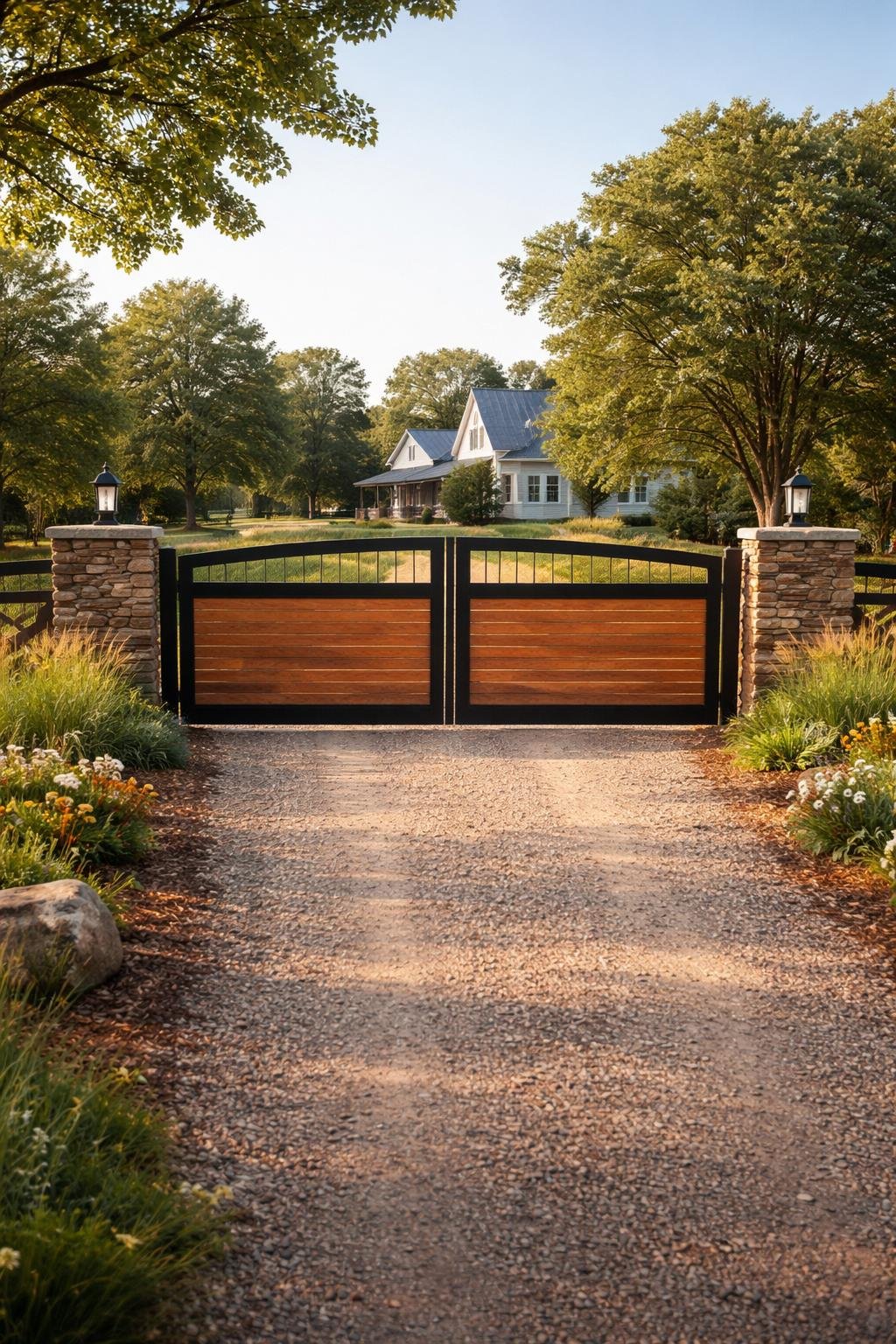 A farmhouse driveway entrance with a large black metal and wooden gate, surrounded by greenery and a gravel driveway.