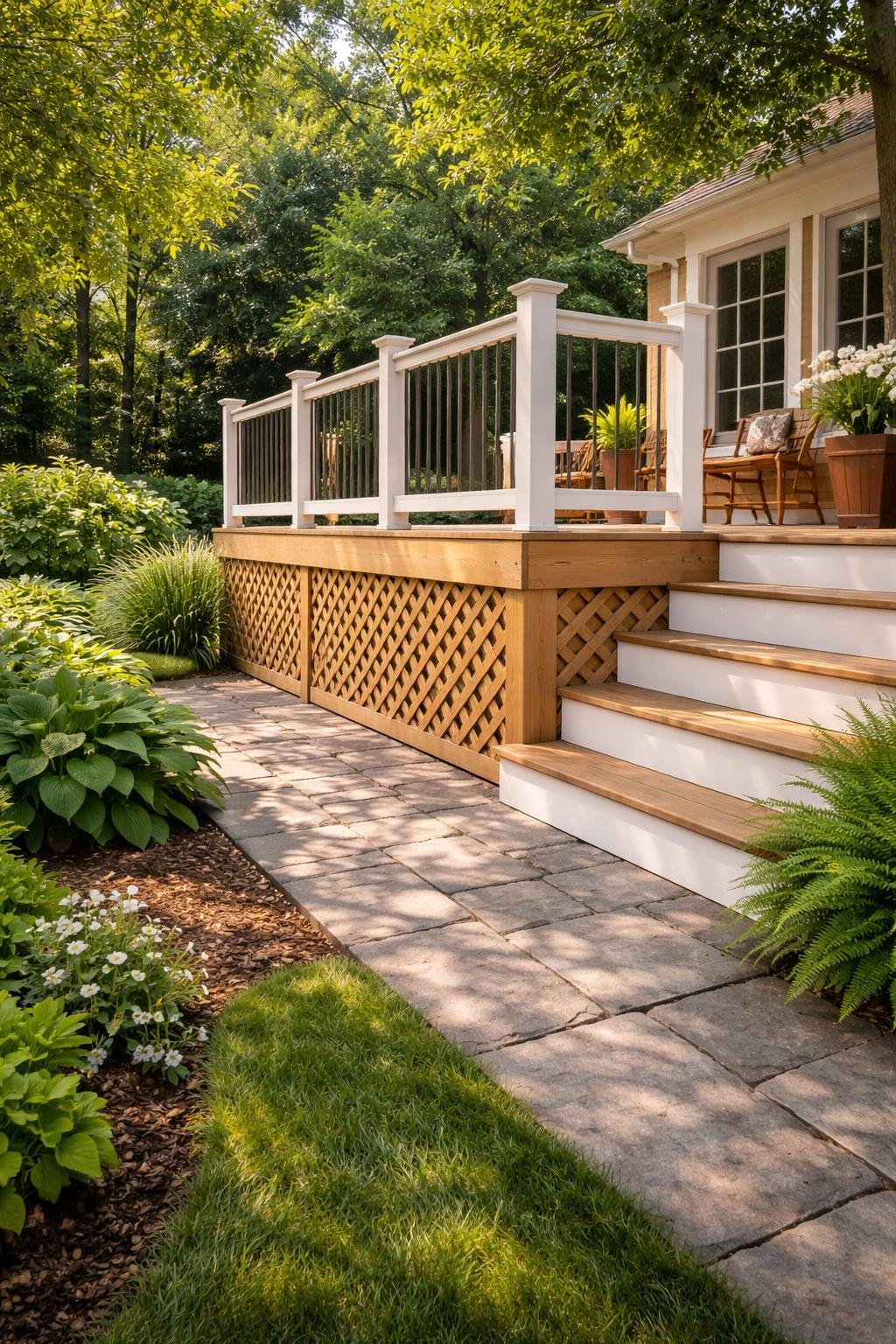 Outdoor deck with wood lattice panels used as skirting surrounded by green plants in a backyard.