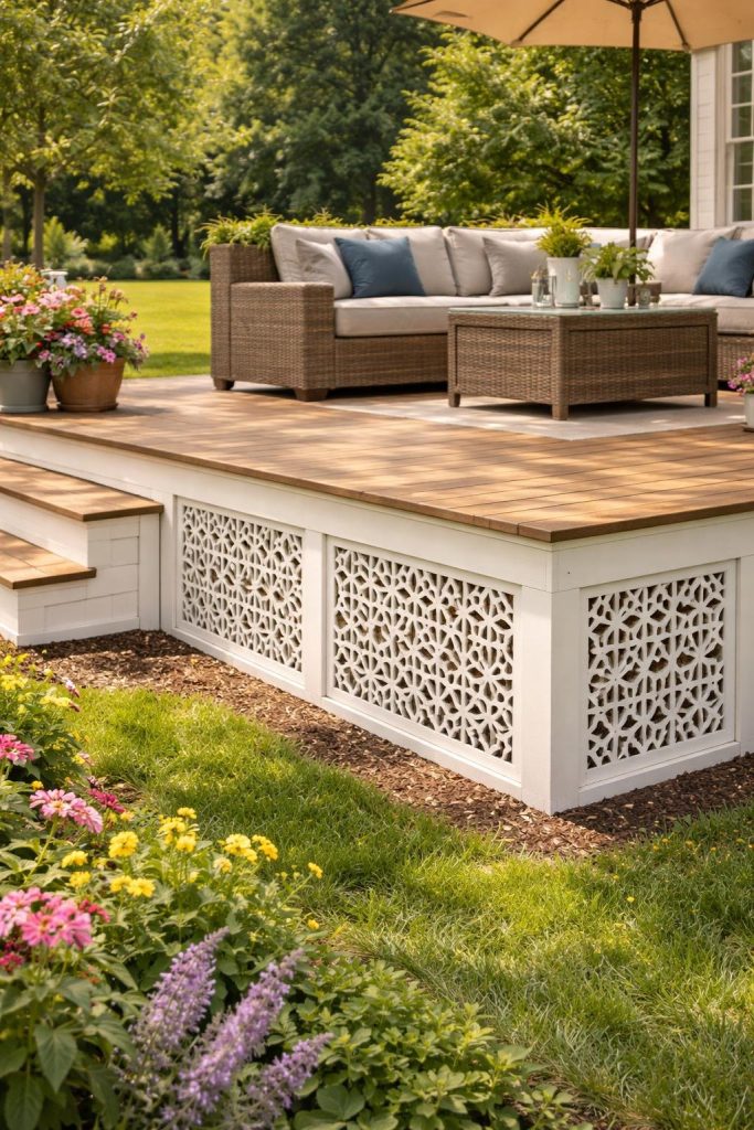 A backyard patio with wicker furniture, including a sofa and a coffee table, placed under a large umbrella. The patio has a wooden deck with decorative white lattice skirting. Surrounding the patio are lush green grass and colorful flower beds, featuring pink, yellow, and purple blossoms. Trees and foliage can be seen in the background, creating a serene outdoor setting.