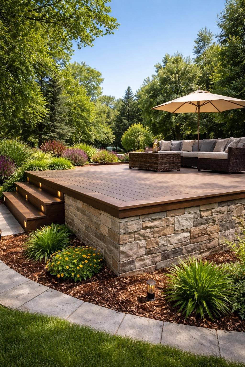 Outdoor wooden deck with stone veneer skirting surrounded by green plants and trees under a clear sky.