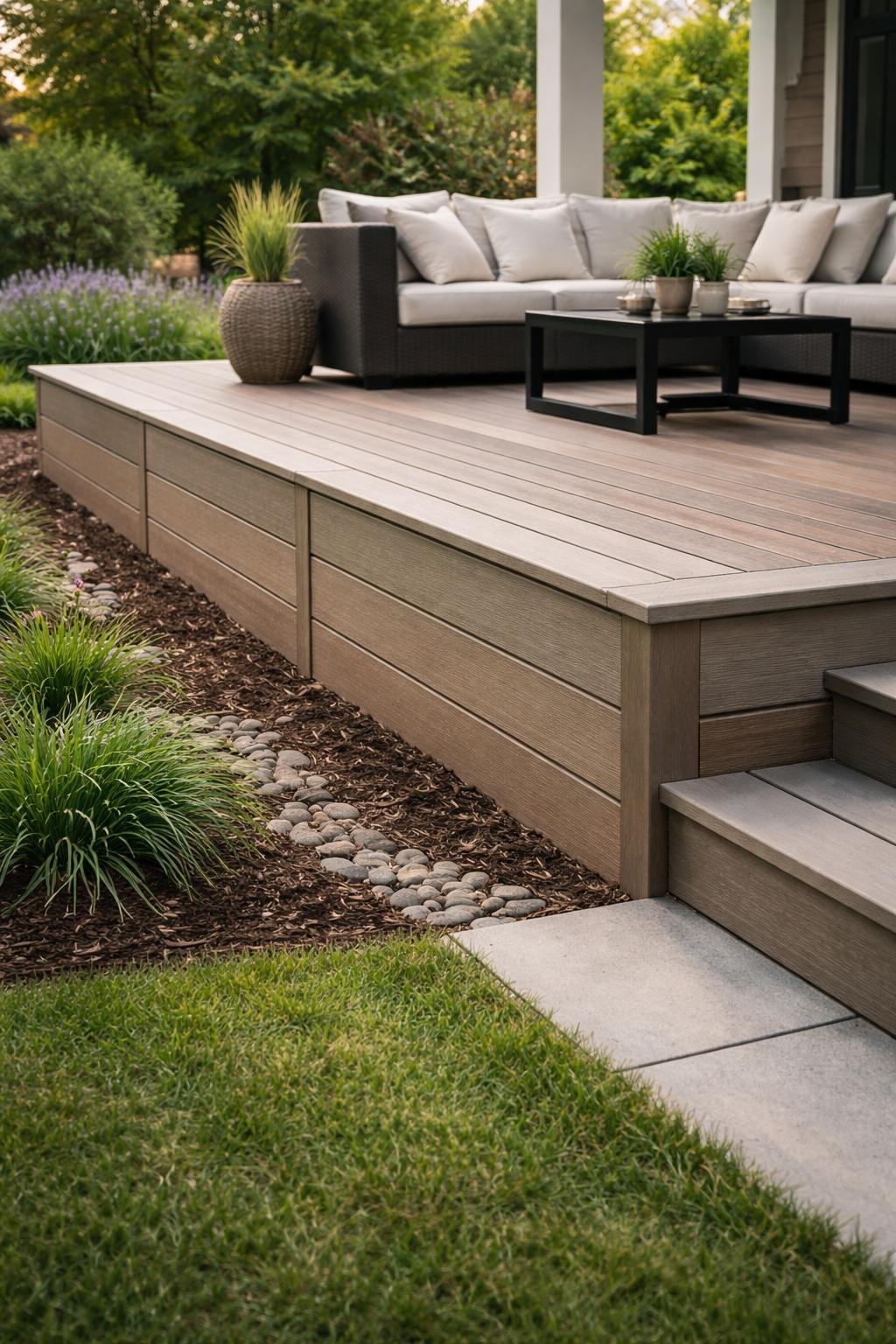 Outdoor deck with composite deck boards used as skirting around the base, surrounded by green plants and a lawn.