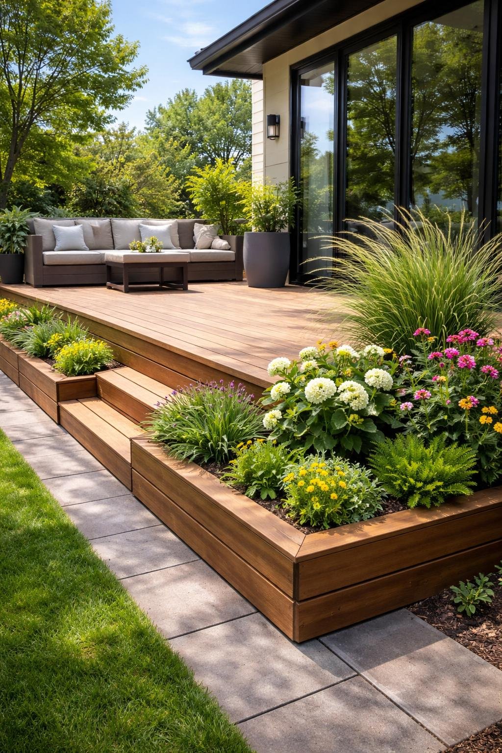 Outdoor wooden deck with built-in plant boxes along the base, filled with green plants and flowers.