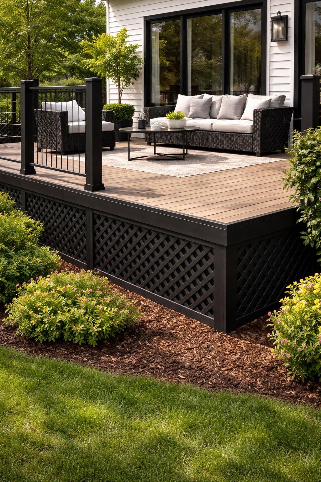 Outdoor wooden deck with black vinyl lattice skirting surrounded by green plants and flowers.