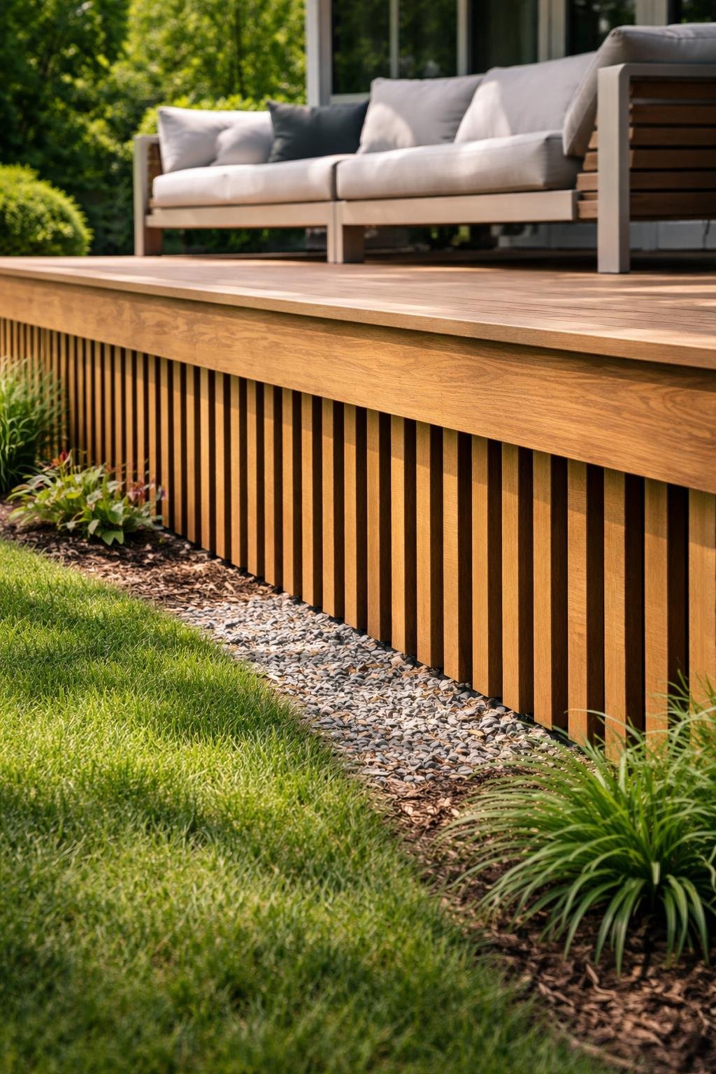Close-up of a wooden deck with slatted wood skirting allowing airflow, surrounded by green plants.