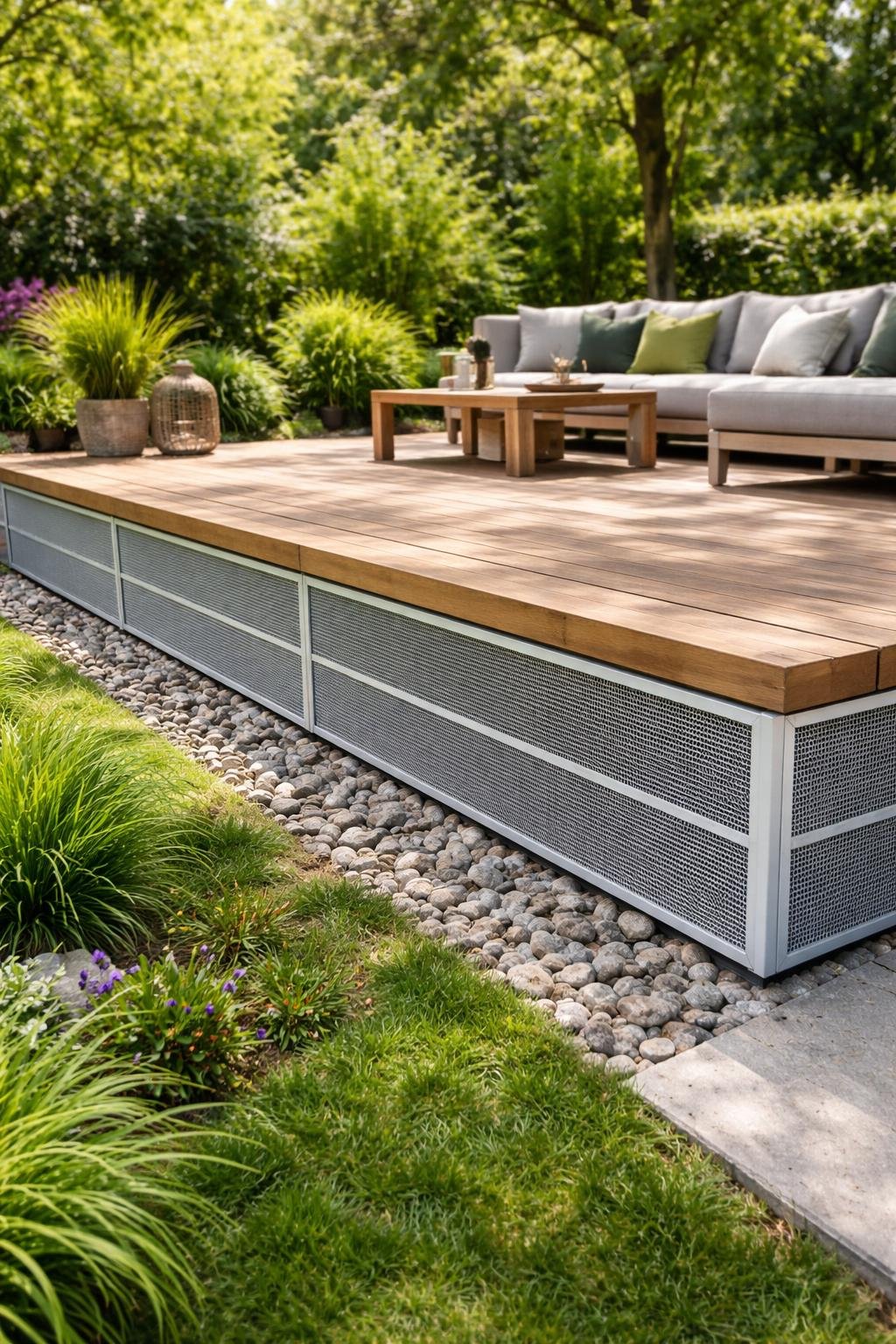 Outdoor wooden deck with horizontal metal mesh skirting surrounded by green plants and trees.