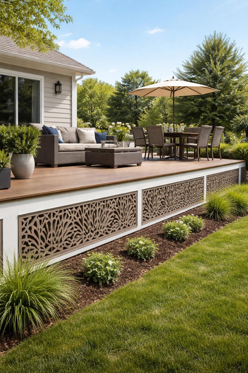 Outdoor wooden deck with decorative screen panels used as skirting surrounded by grass and garden plants.