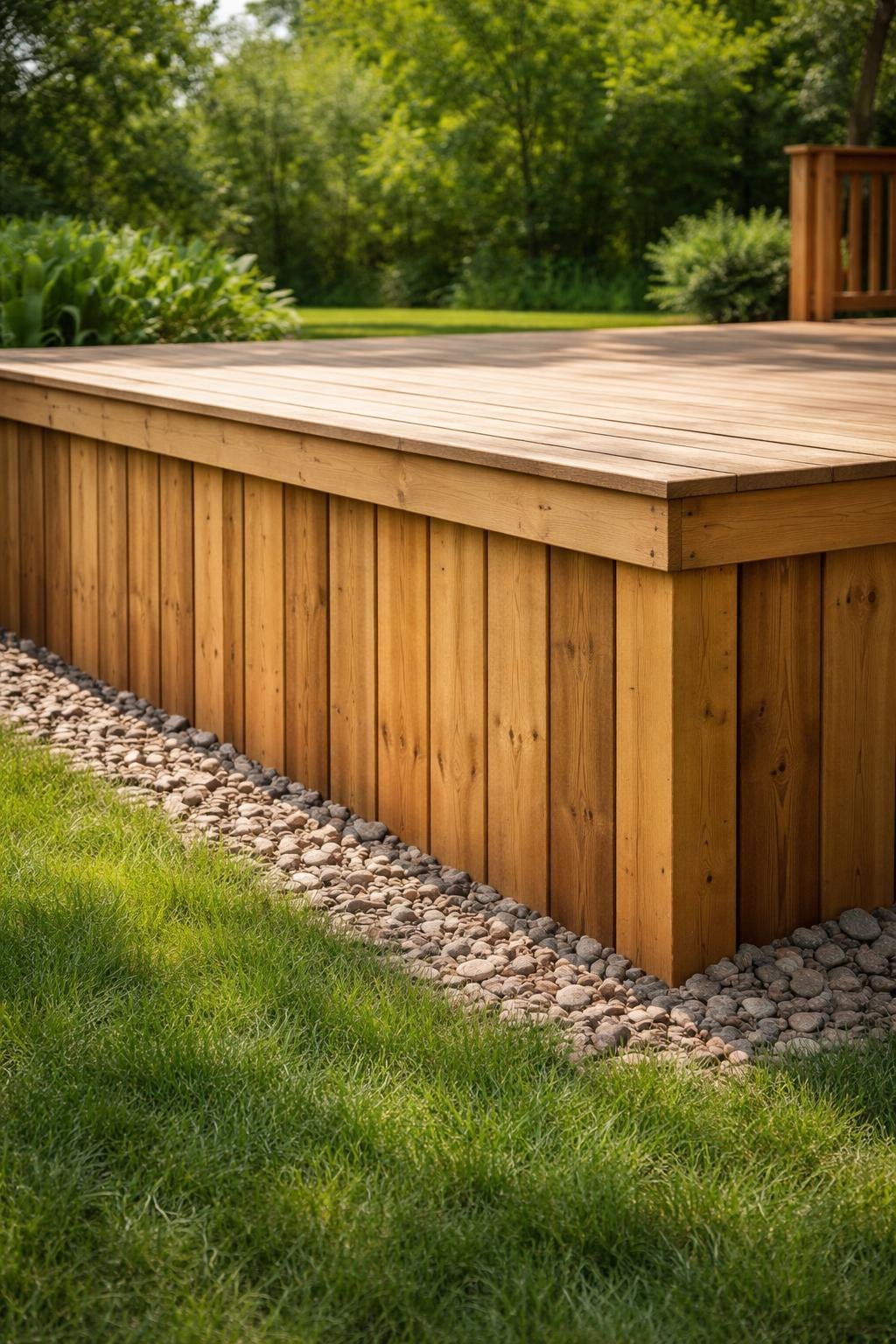 Close-up of a wooden deck with vertical wood boards used as skirting around its base in a sunny backyard with grass and plants.