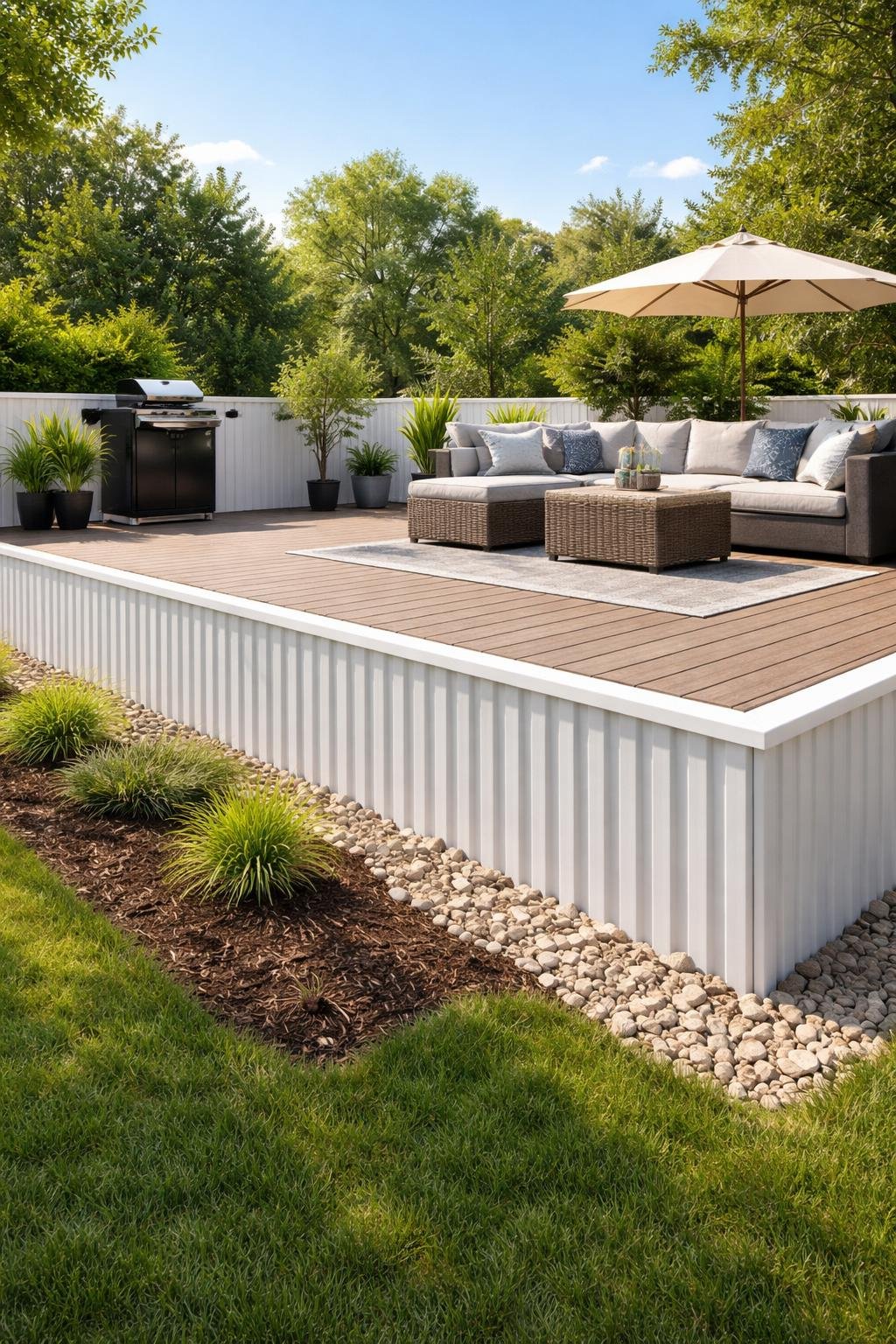 Outdoor wooden deck with corrugated PVC panels used as skirting around the base surrounded by greenery.