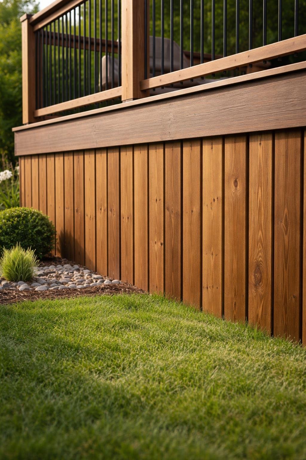 Close-up of vertical wooden planks used as skirting beneath a deck, surrounded by grass and garden plants.