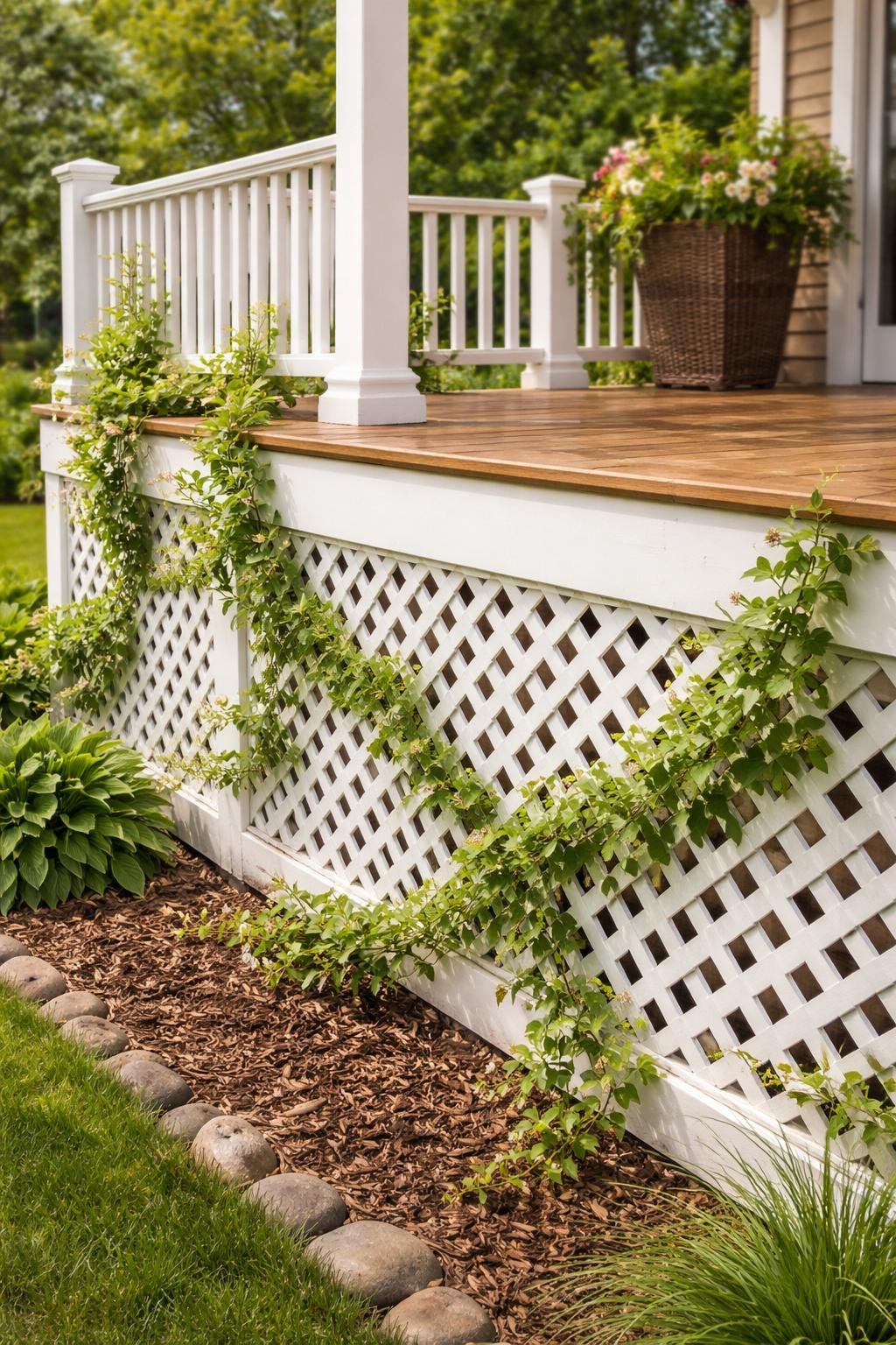 A deck with white lattice skirting covered in green climbing vines in a garden setting.