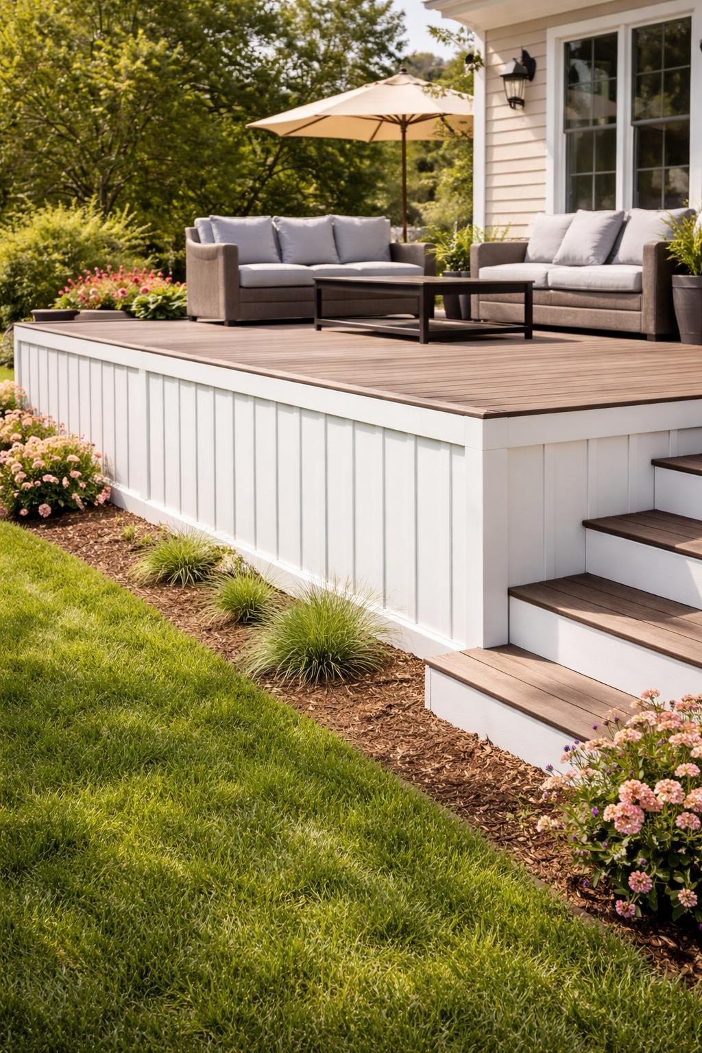 Outdoor deck with white vinyl board and batten skirting surrounded by green grass and plants in a sunny backyard.