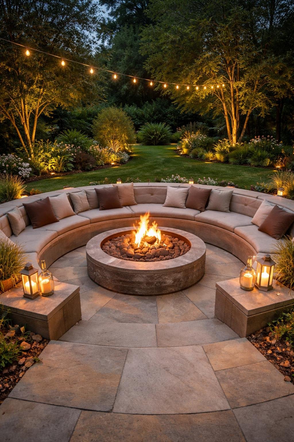 An outdoor sunken fire pit with glowing flames surrounded by stone seating and garden greenery at dusk.