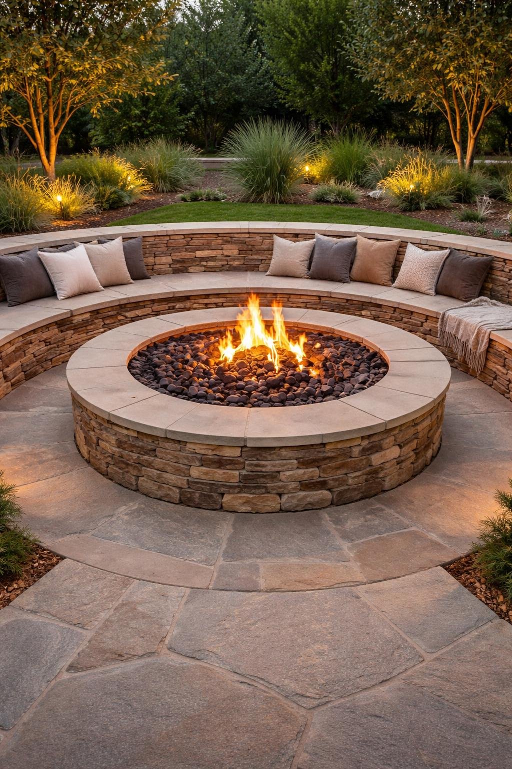 Circular stone sunken fire pit with built-in seating surrounded by outdoor patio and greenery.