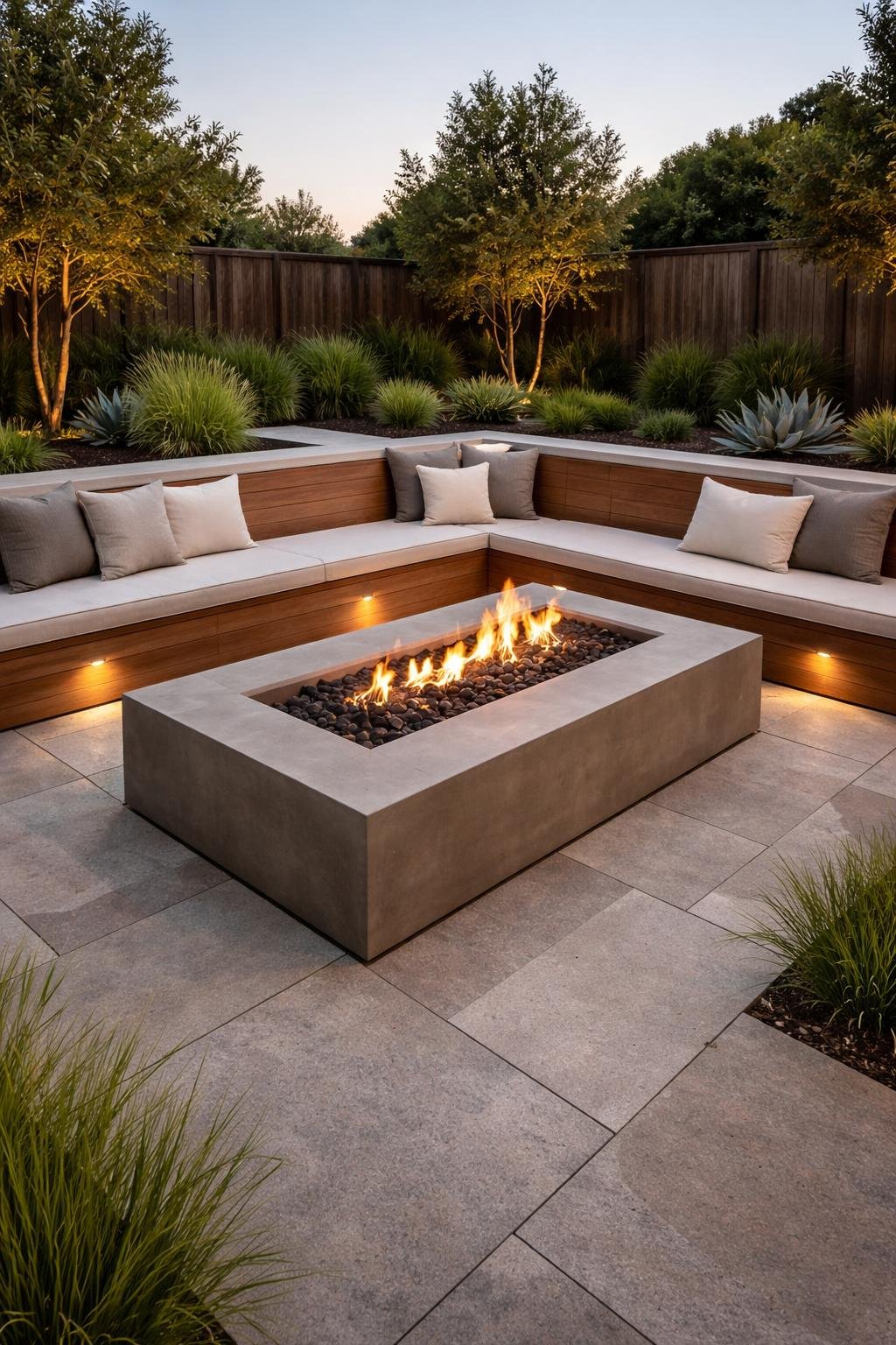 Rectangular concrete sunken fire pit surrounded by wooden benches in an outdoor backyard setting.