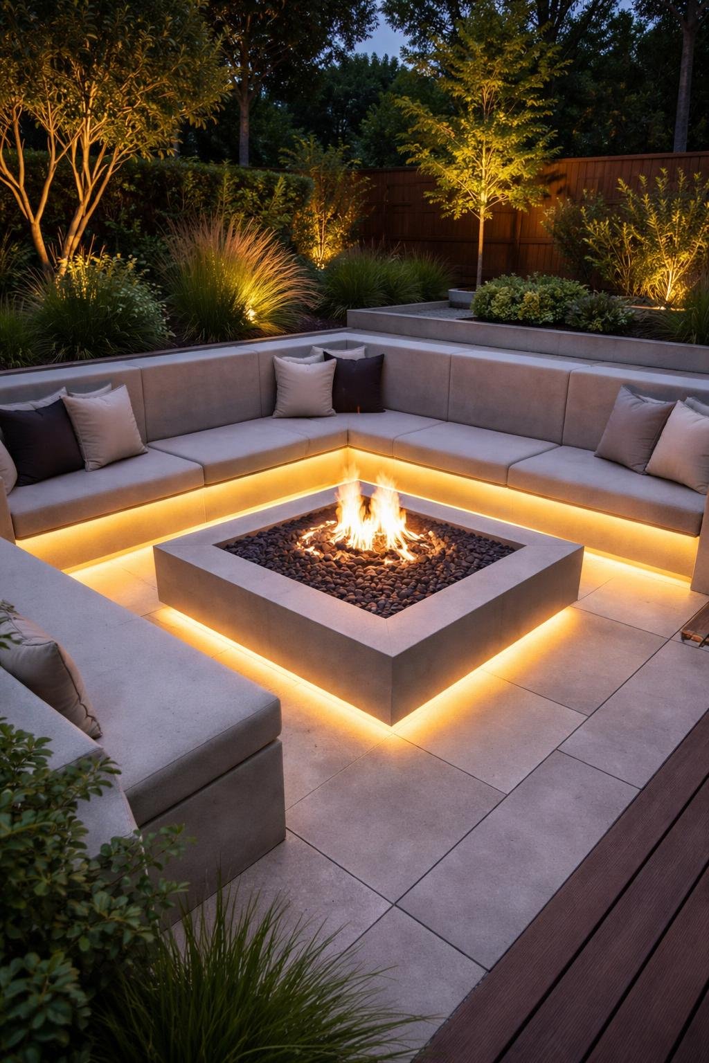 A sunken fire pit with glowing flames and integrated LED lighting surrounded by stone seating in an outdoor patio setting.