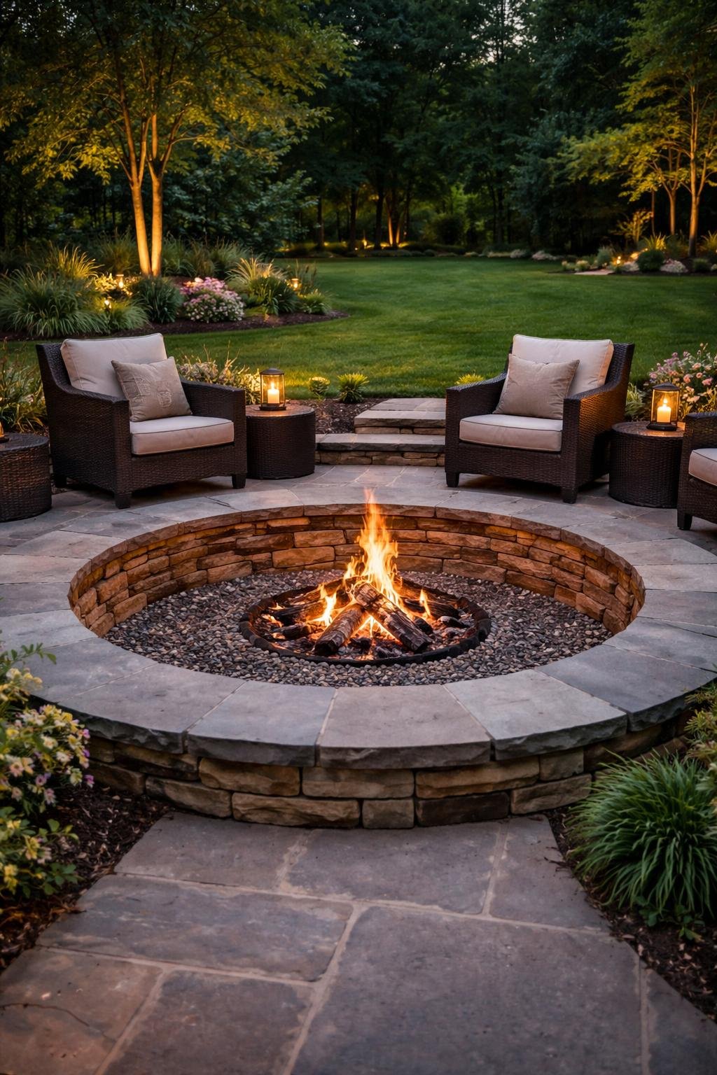 A sunken circular stone fire pit with glowing embers surrounded by outdoor seating in a green backyard.