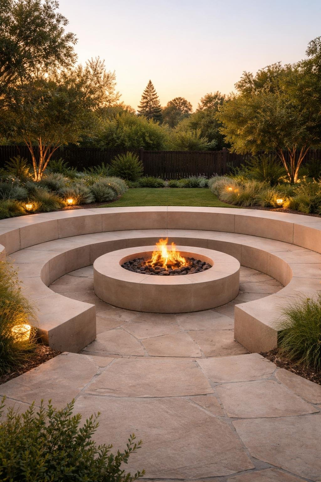 Sunken fire pit with smooth limestone finish surrounded by stone patio and greenery outdoors.