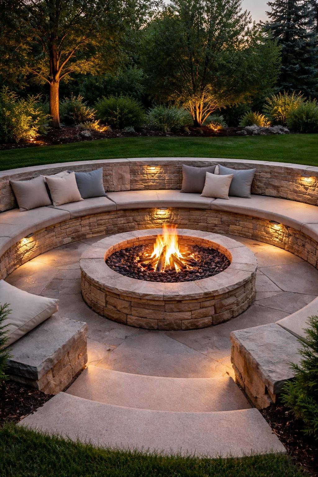 Sunken fire pit with curved stone bench seating in an outdoor backyard setting during dusk.
