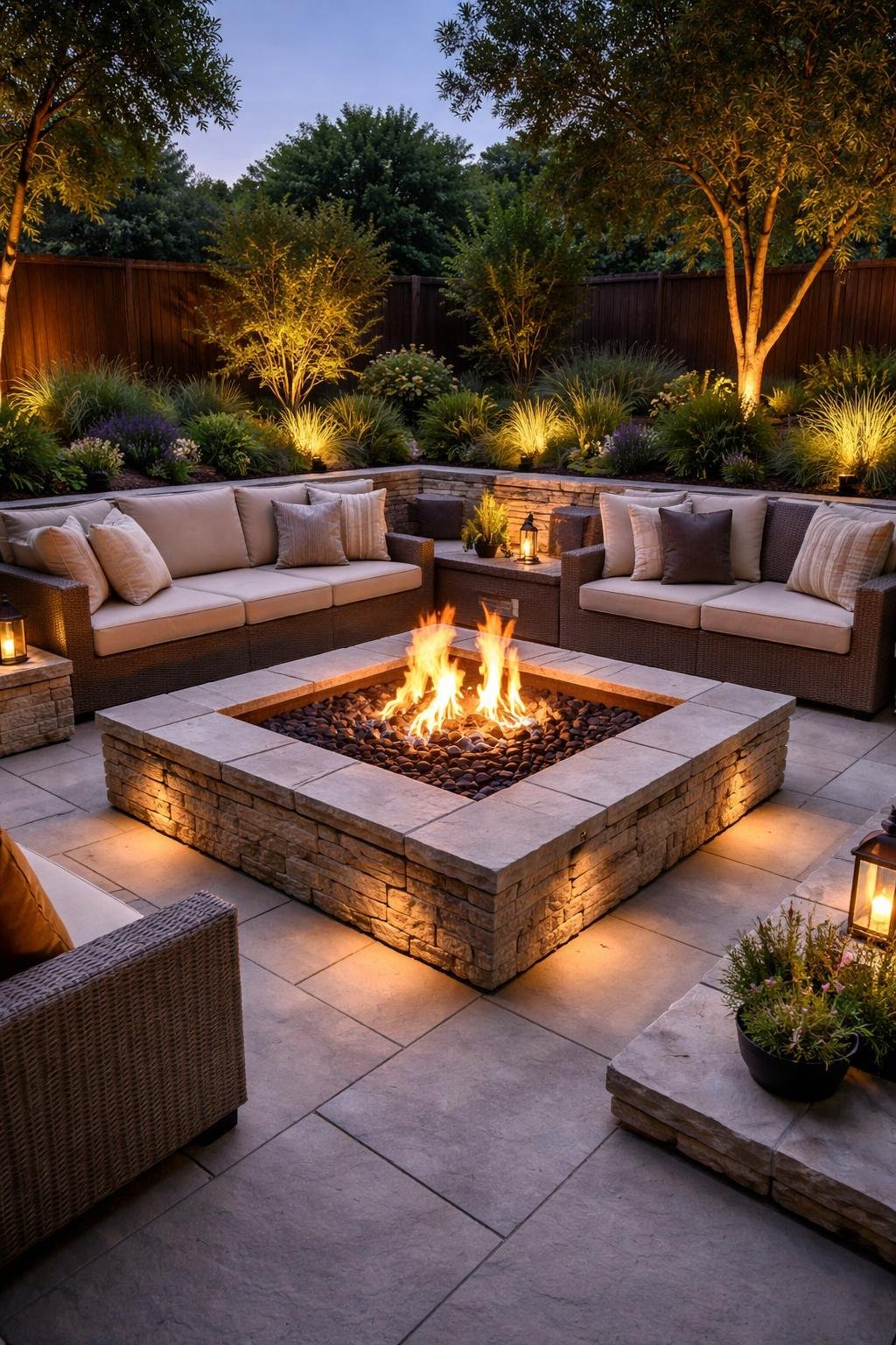 A sunken square stone fire pit lit with flames, surrounded by stone paving and outdoor seating.
