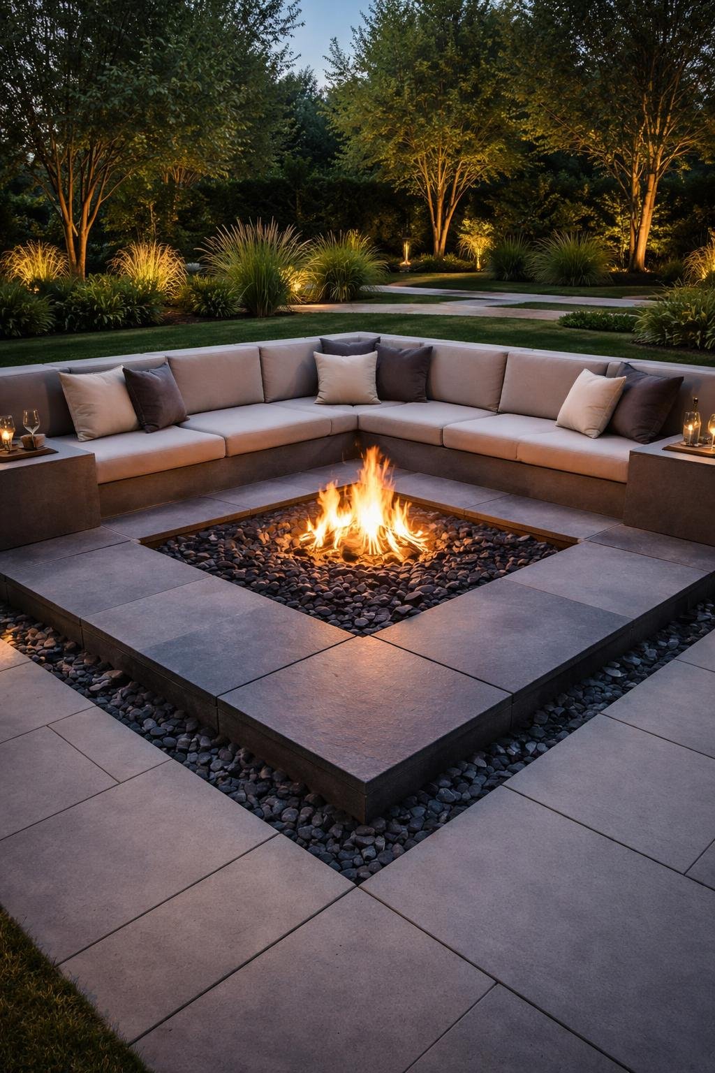 A sunken fire pit with slate stones around it in an outdoor patio with seating and greenery.