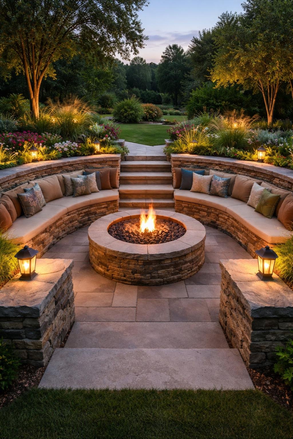Sunken fire pit surrounded by low garden walls with outdoor seating and plants.