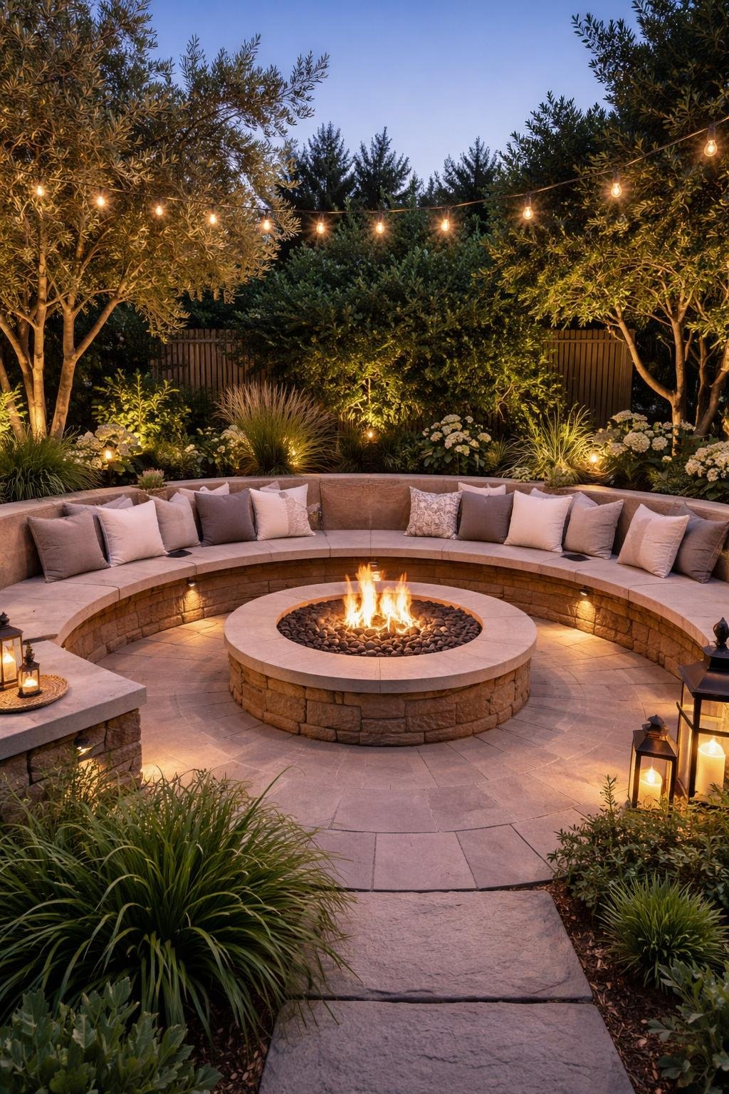 Outdoor seating area with a built-in bench surrounding a sunken fire pit glowing with flames, surrounded by plants.
