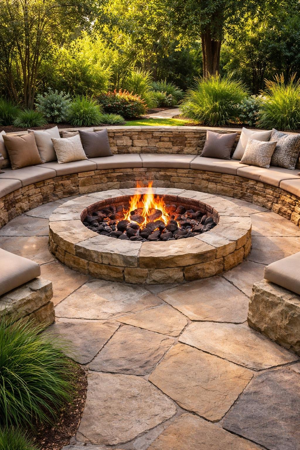 A sunken fire pit with a natural flagstone surface surrounded by outdoor seating and greenery.