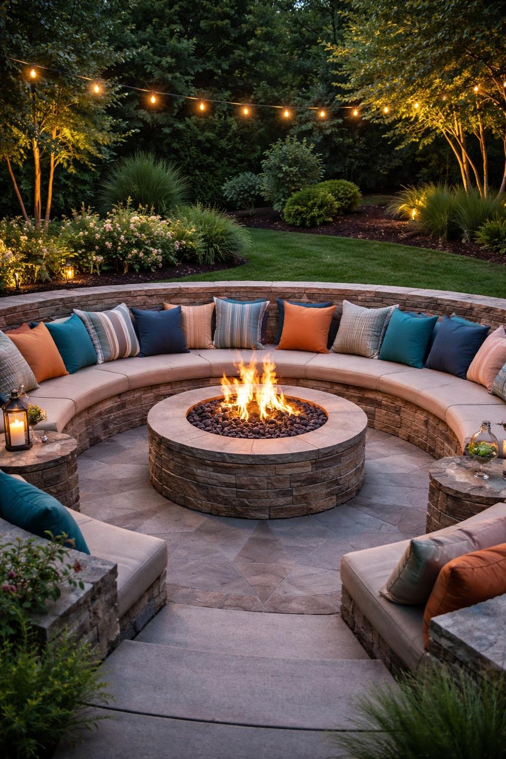 A sunken fire pit surrounded by waterproof outdoor pillows in a backyard setting.