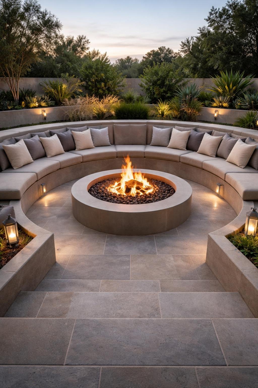 Outdoor sunken fire pit surrounded by heat-resistant tile flooring and seating in a natural setting.