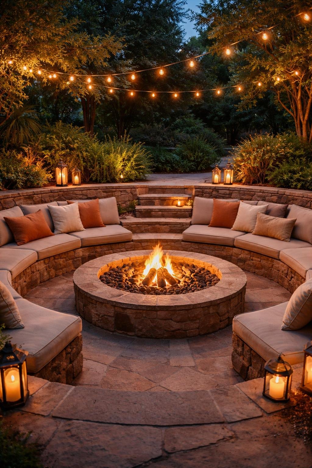 A sunken fire pit with stone seating and glowing flames surrounded by cushions and outdoor lighting in a natural setting.