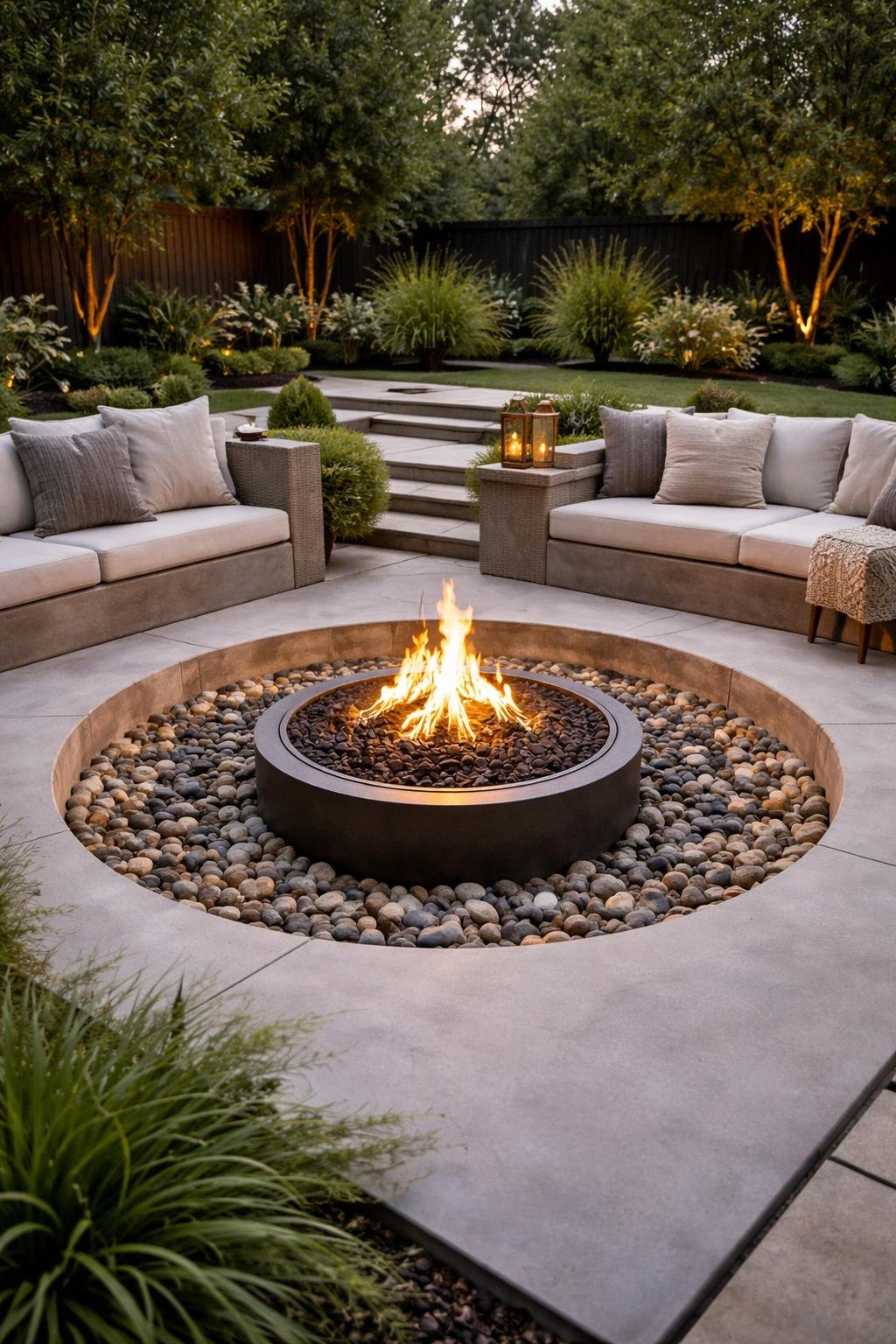 A circular sunken fire pit with flames surrounded by river rocks in an outdoor patio with seating and greenery.