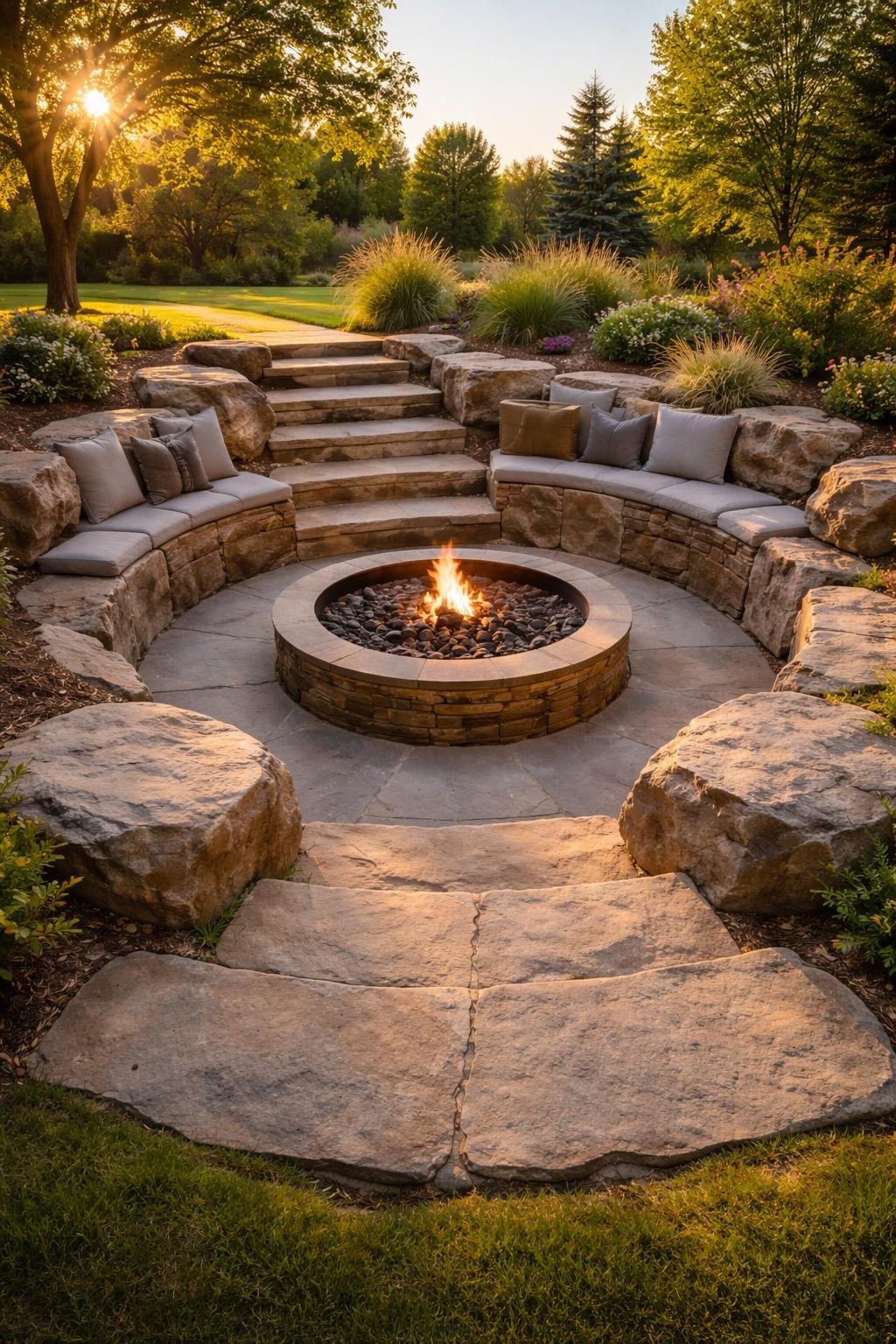 Sunken fire pit area with stone steps leading down and large boulder seating around it in an outdoor setting.