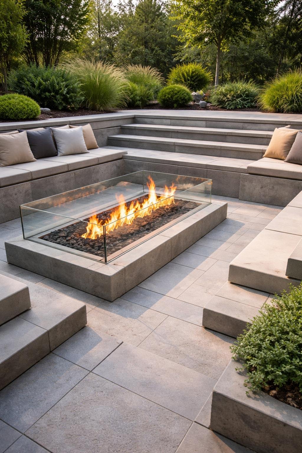 A sunken fire pit with glass enclosure surrounded by stone steps leading down into the outdoor seating area.