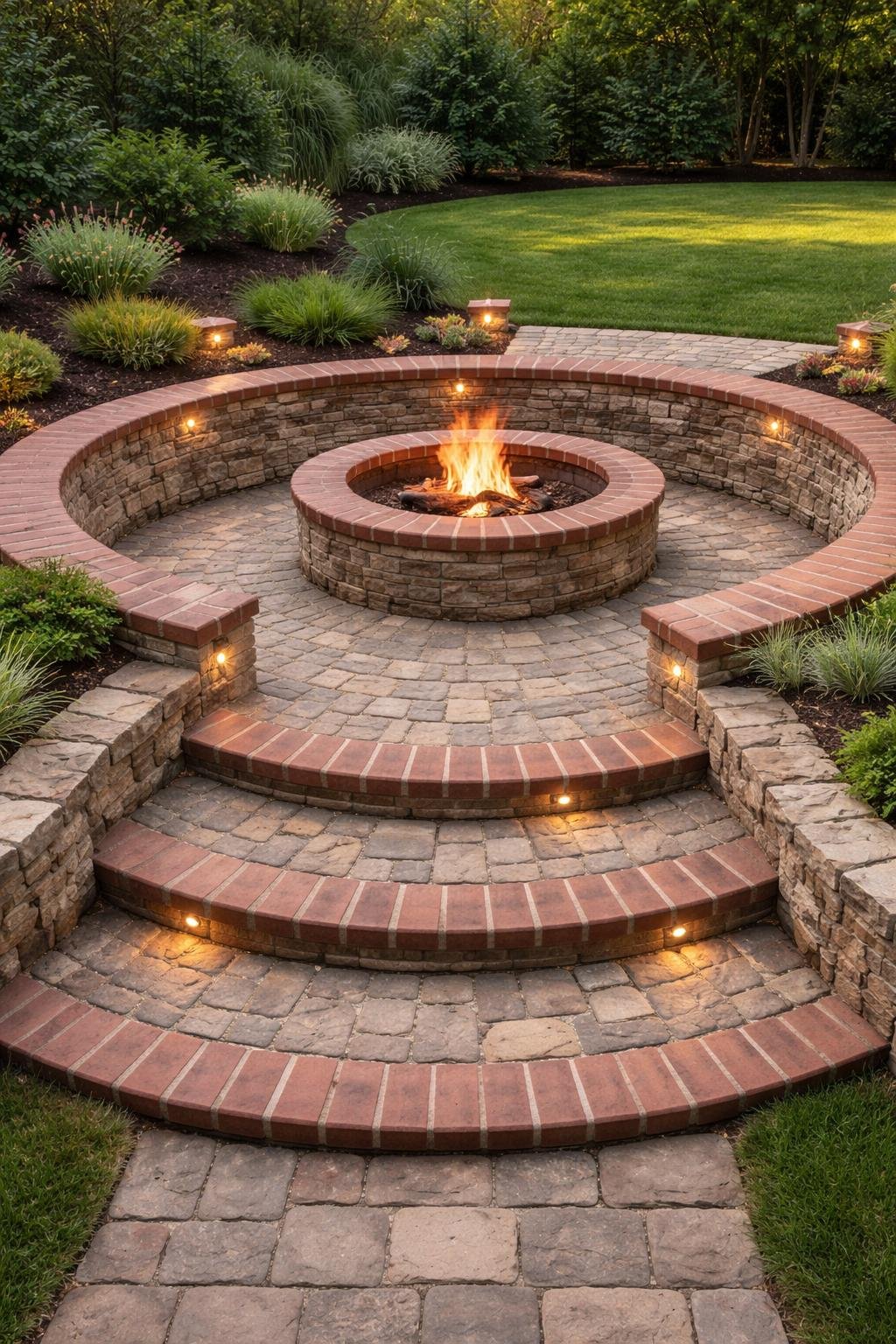 Sunken fire pit below ground level with steps made of cobblestone and brick surrounding it, set in a landscaped outdoor area.
