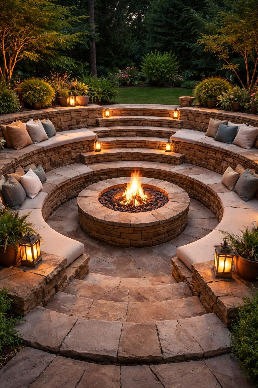 Sunken fire pit surrounded by multi-level stone steps with seating cushions in an outdoor setting.