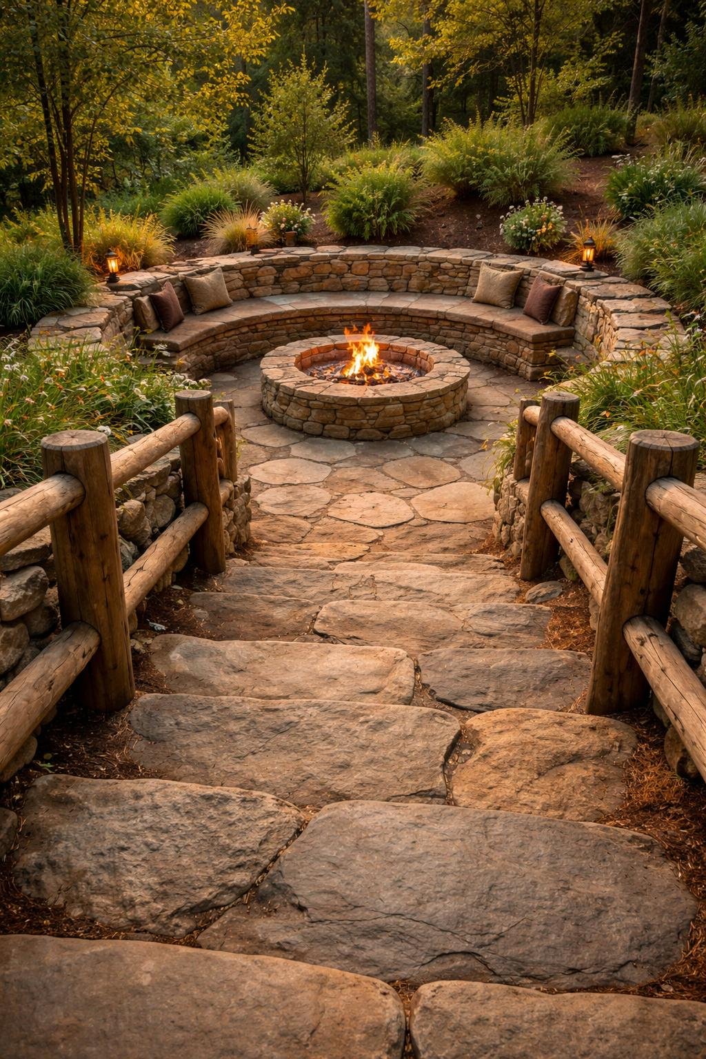 Sunken fire pit surrounded by rustic stone steps with log handrails in an outdoor setting.