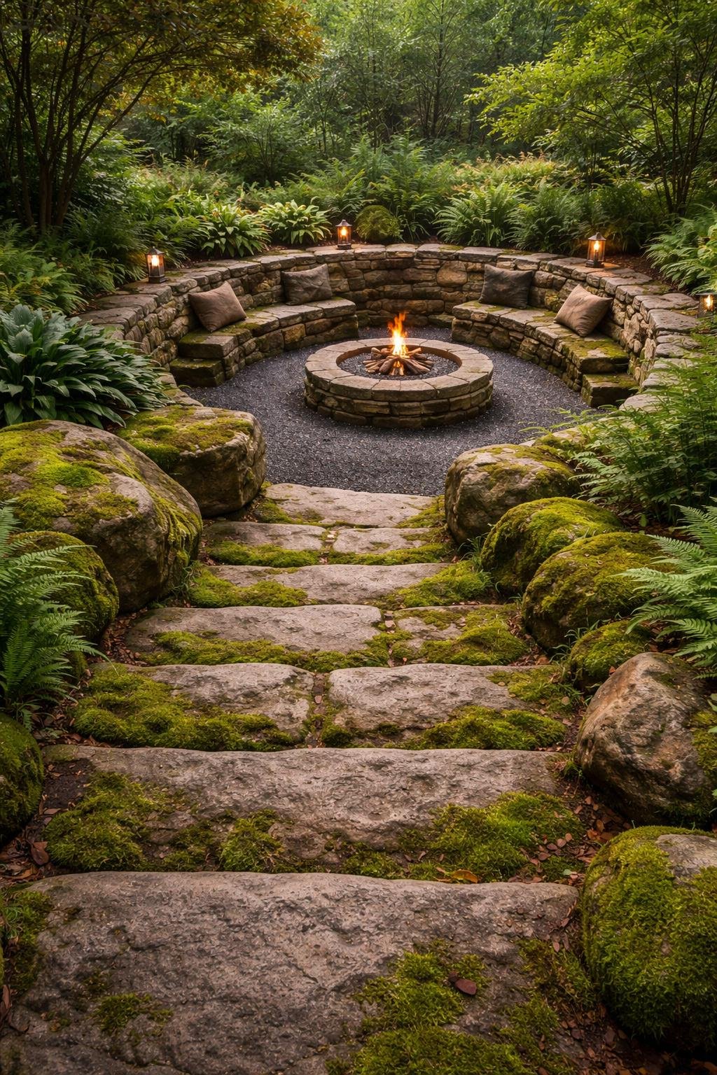 Stone steps covered with moss leading down to a sunken fire pit surrounded by stone seating in a garden.
