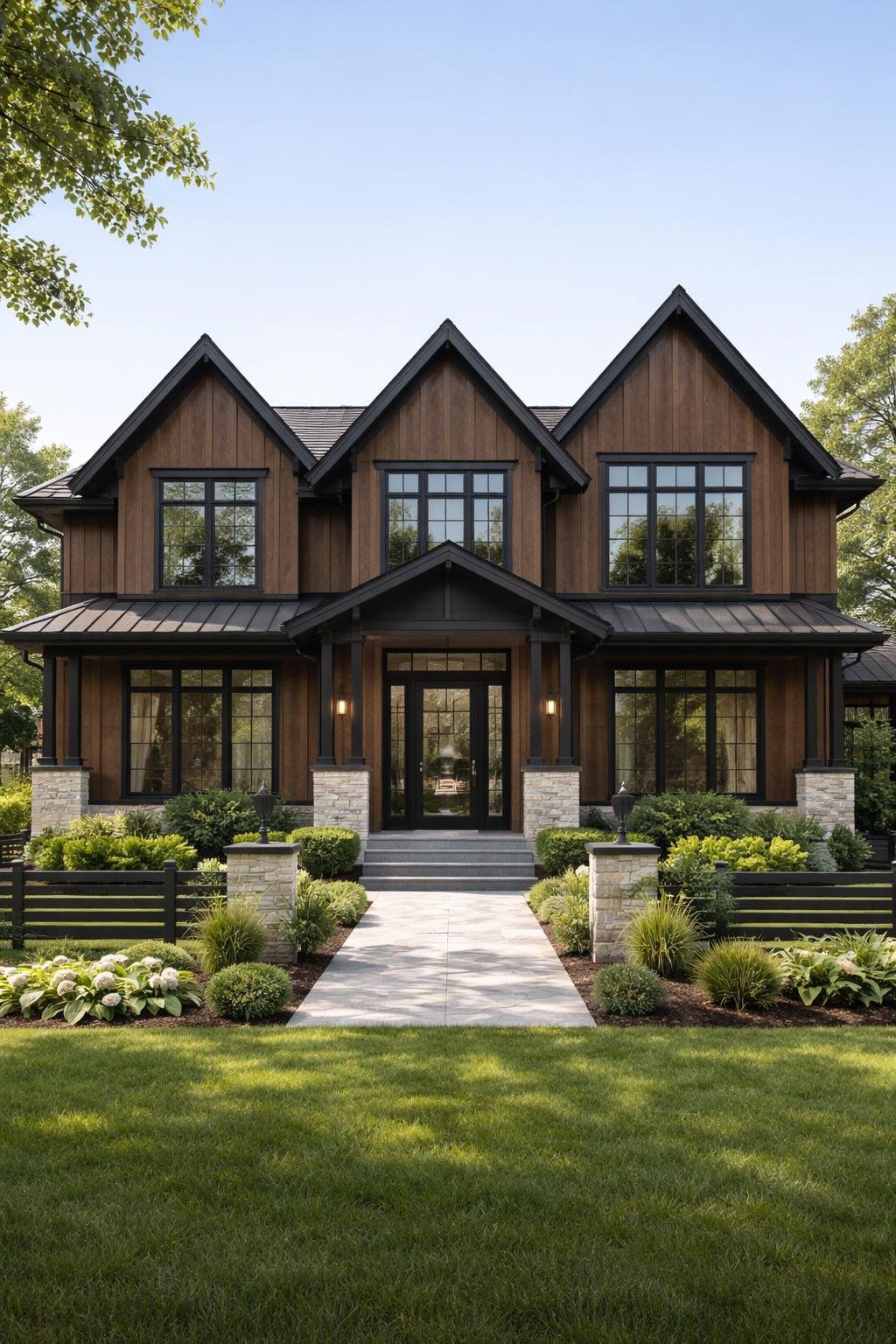 A modern single-family home with dark wood siding and black trim surrounded by green landscaping and a simple fence in a suburban neighborhood.