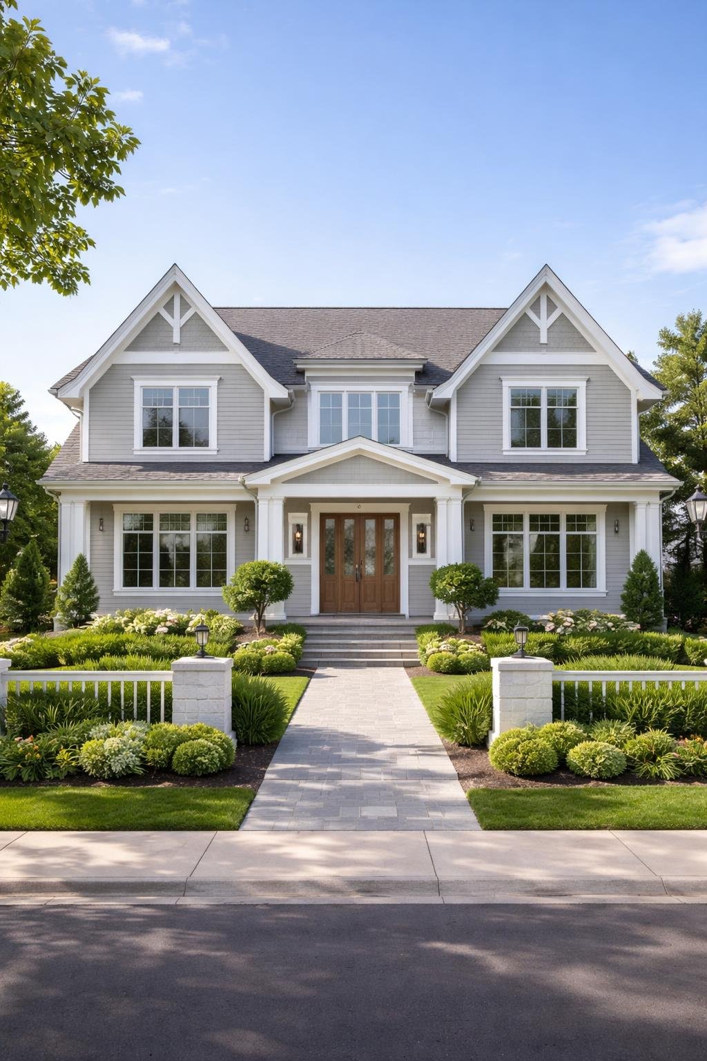 A single-family home with light gray wood siding, surrounded by green landscaping and a simple fence, viewed from the front on a sunny day.