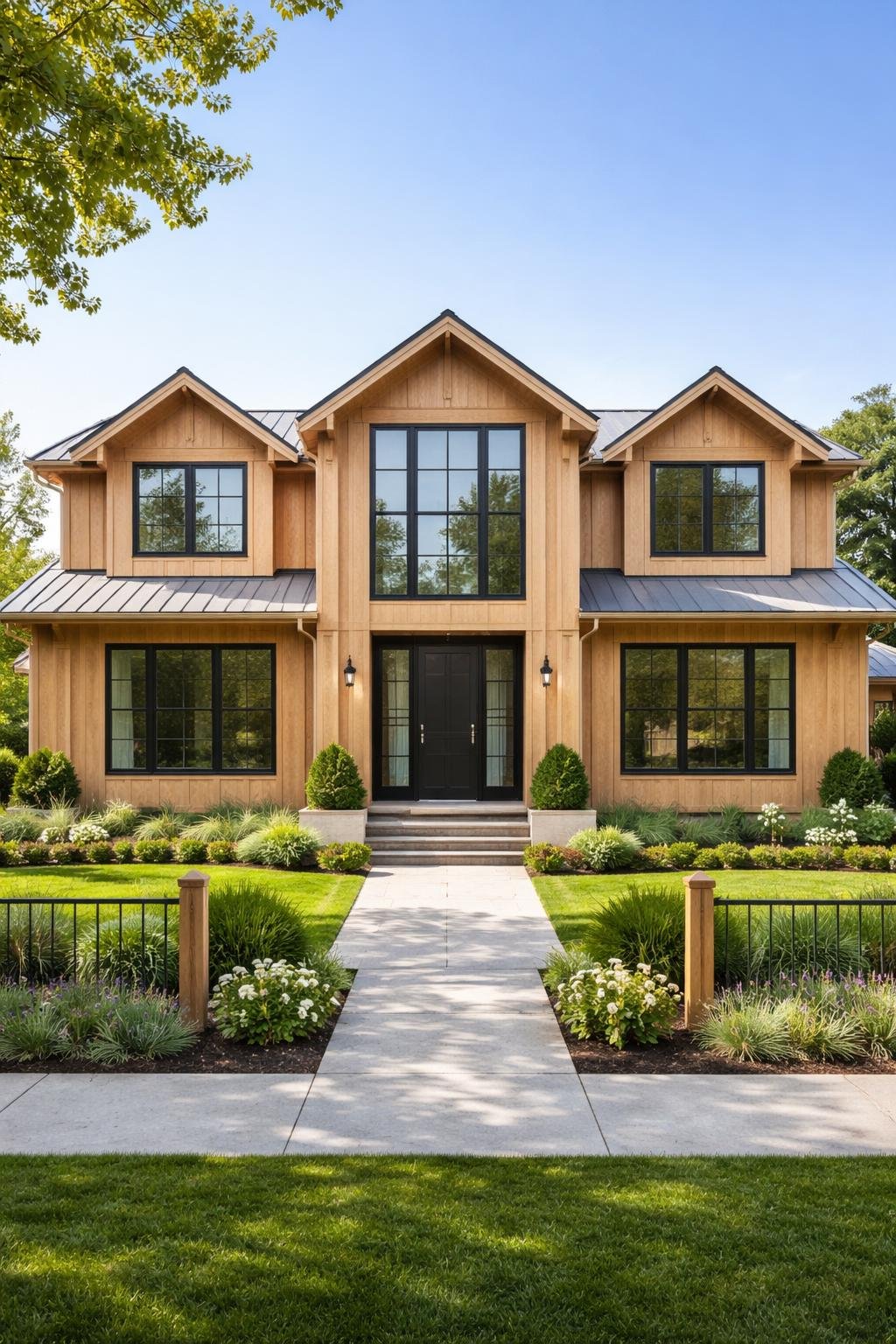 A single-family home with natural oak wood siding, surrounded by green landscaping and a simple fence in a suburban neighborhood.